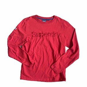 Superdry Mens Shirt Graphic Long Sleeve Crew Neck Embroidered Tee Red Casual